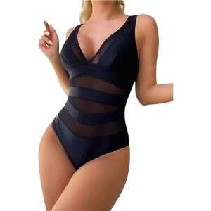 SOLY HUX Black Women's Small Mesh Sheer V Neck Backless One Piece Swimsuit NWOT